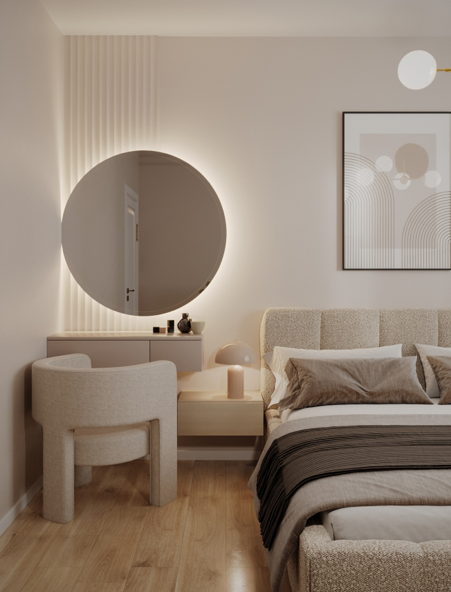 projekt minimalistycznej sypialni wykonany przez Studio Wykreślone