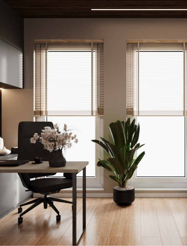 Ciemne biuro z drewnem