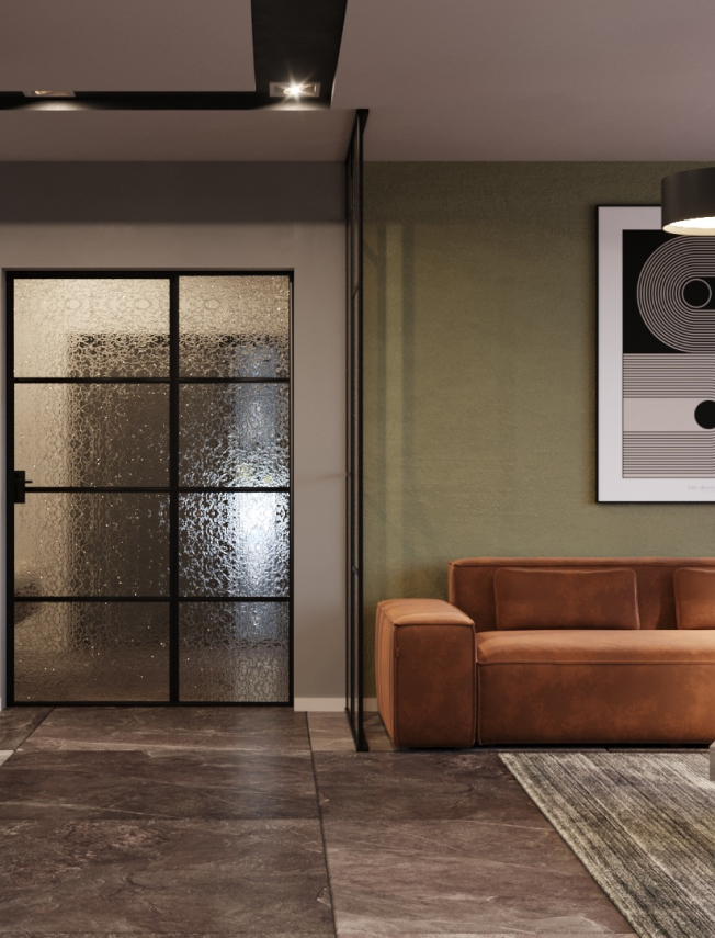 Salon z ciemno pomarańczową sofą i zielonymi ścianiami