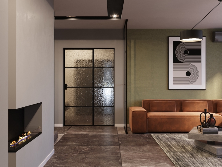 ciemny salon z zielonymi ścianami