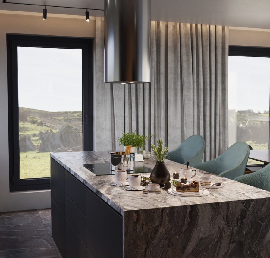 Projekt ciemnego wnętrza salonu połączonego z kuchnią, rzut na wyspę kuchenną