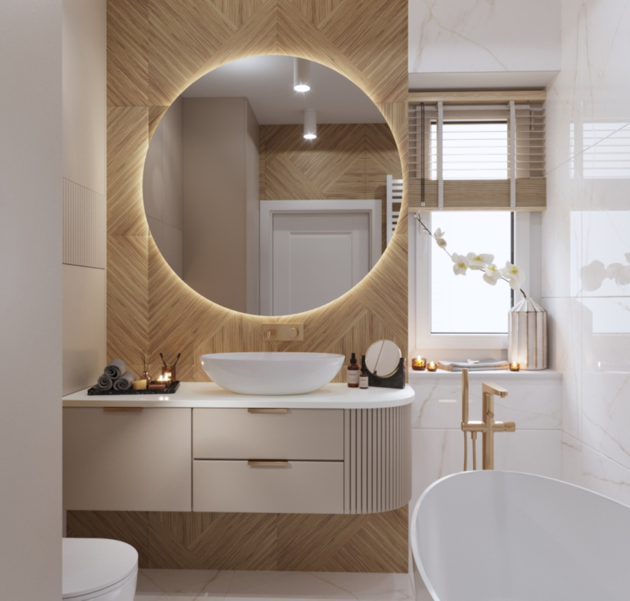 Jasna elegancka łazienka z ledowym okrągłym lustrem