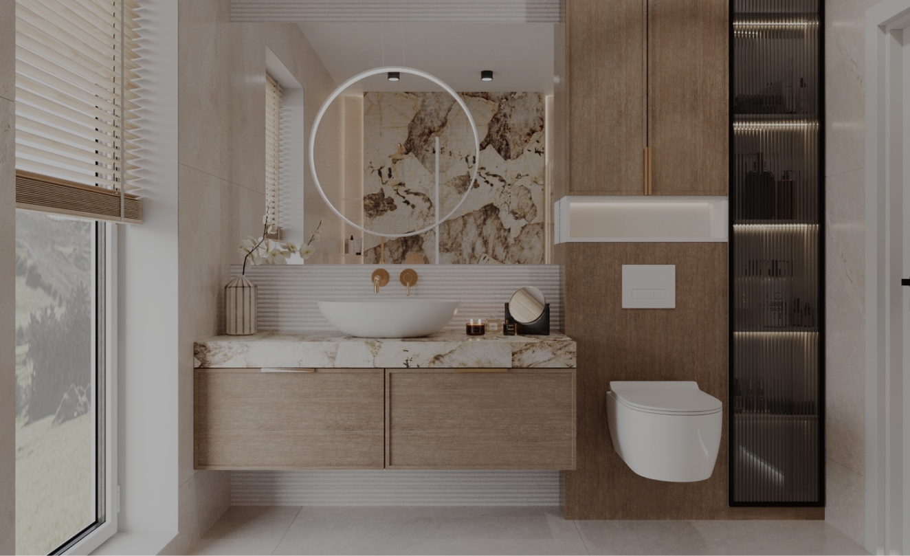 elegancka łazienka z drewnem i kamieniem