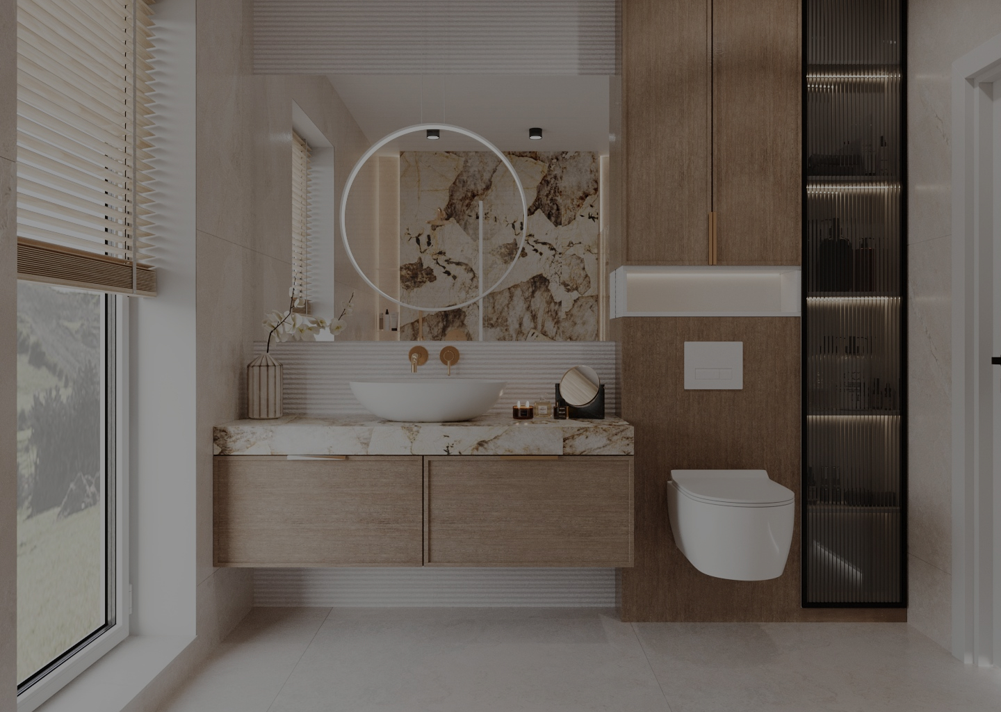 Projekt eleganckiej łazienki w drewnianymi wstawkami