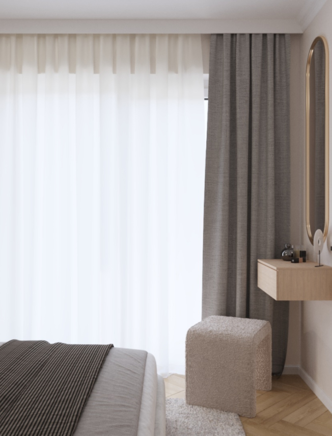 Sypialnia z dużym oknem i szarymi zasłonami