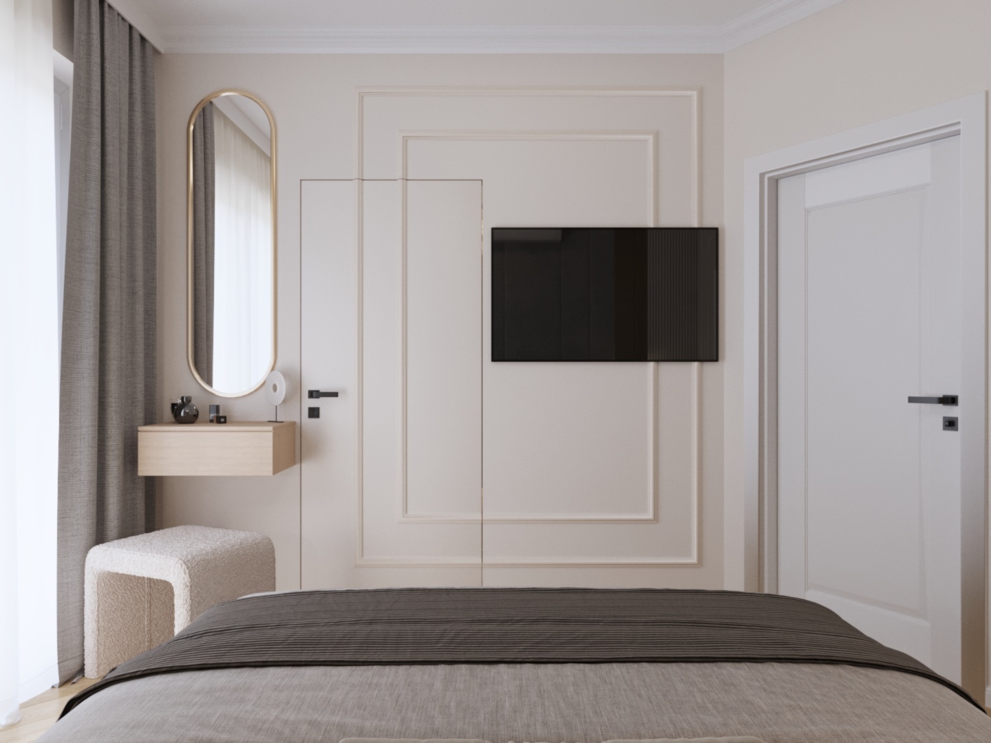 Sypialnia z telewizorem na ścianie