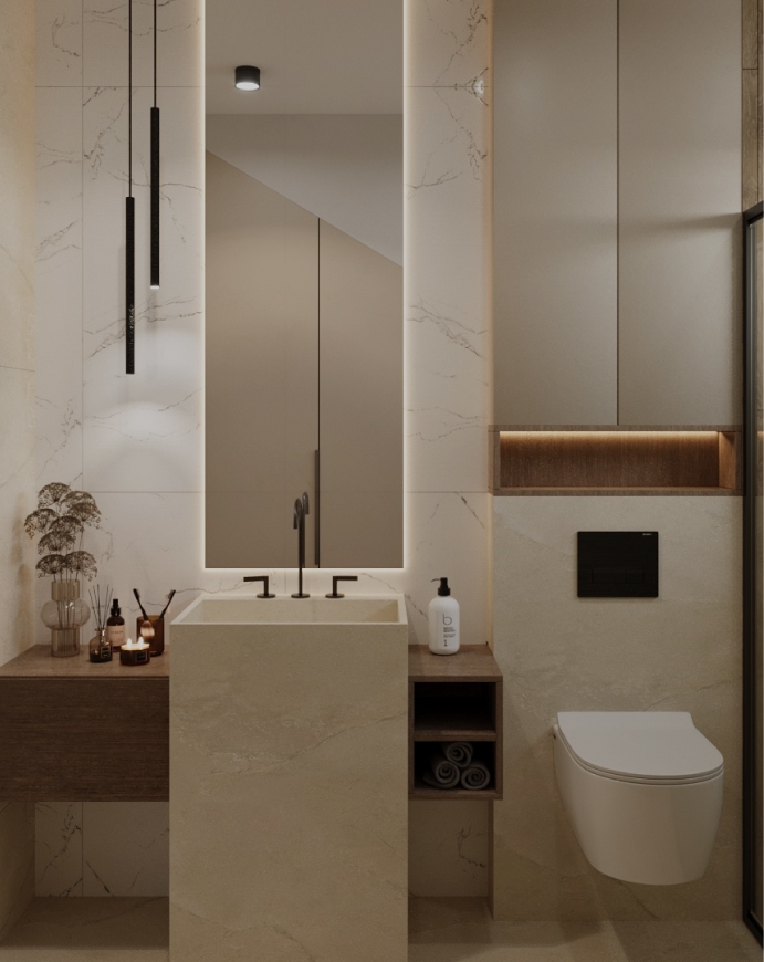 Projekt wnętrza łazienki z drewnianymi wstawkami