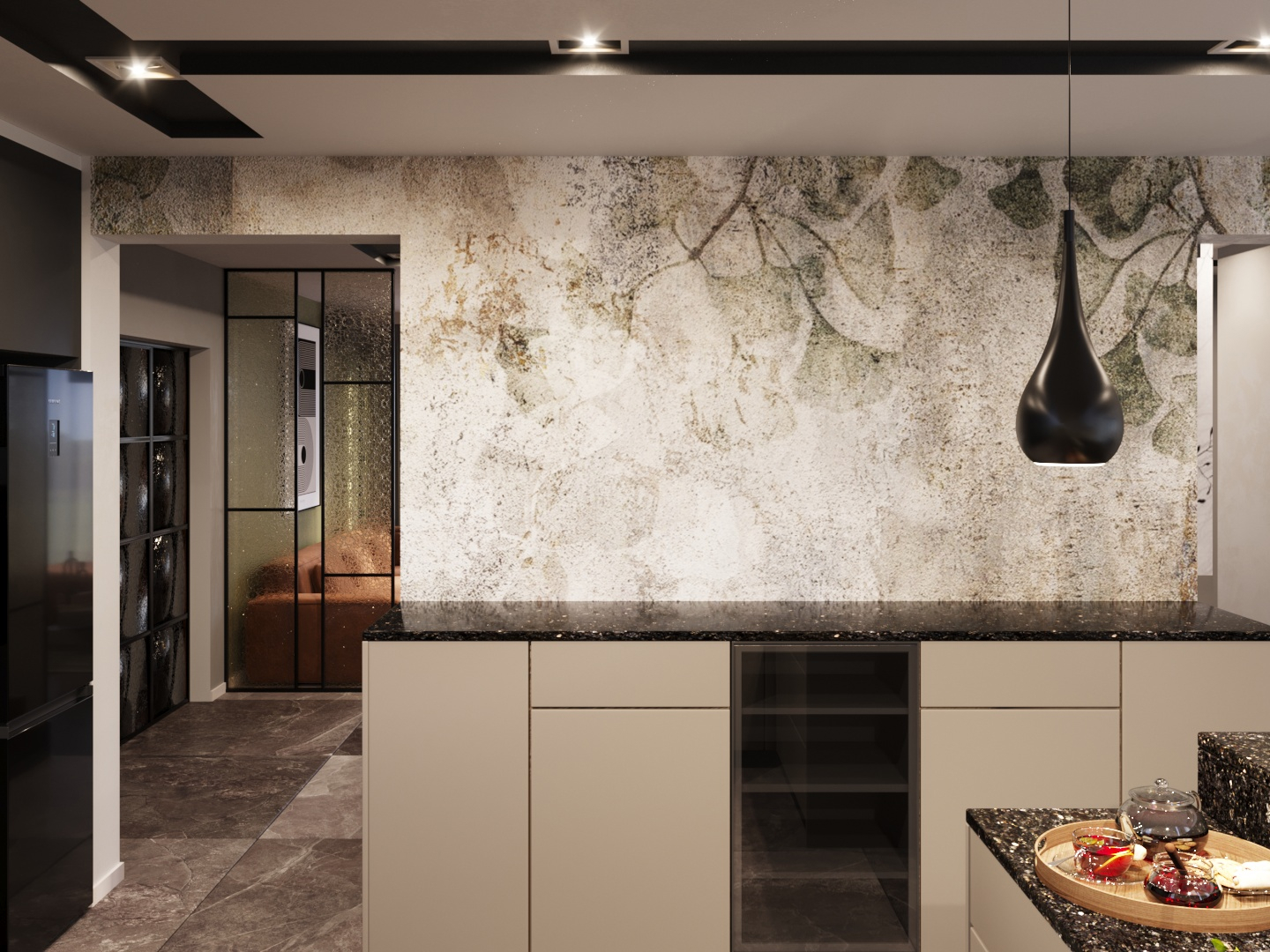 Kuchnia z kamienną jasną ścianą