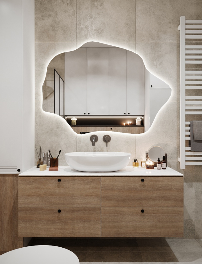 Organiczne lustro z ledami i drewnianą szafką