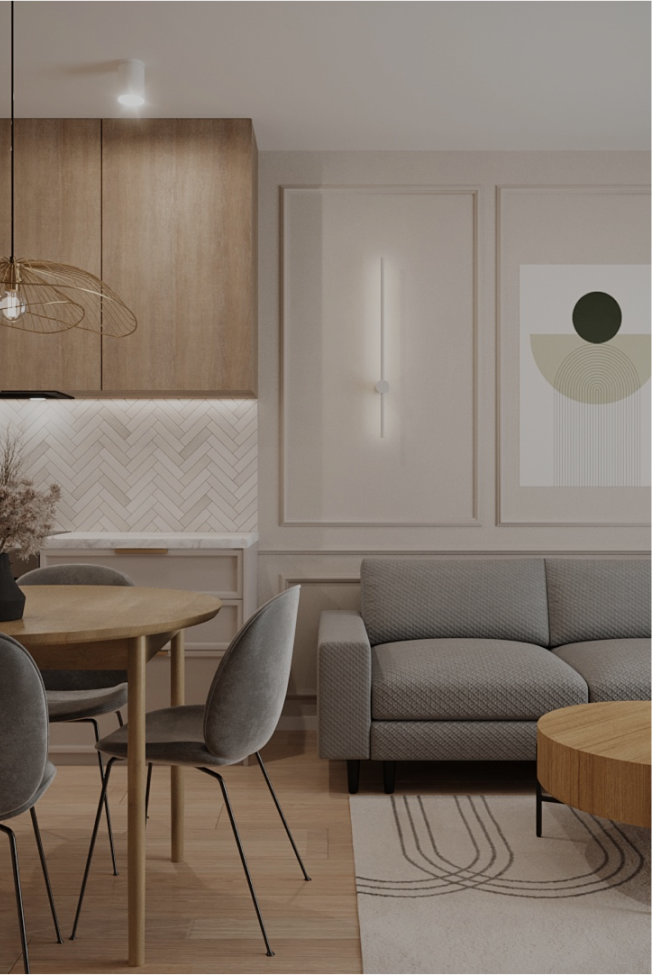 Projekt wnętrza minimalistycznego salonu z szarą sofą