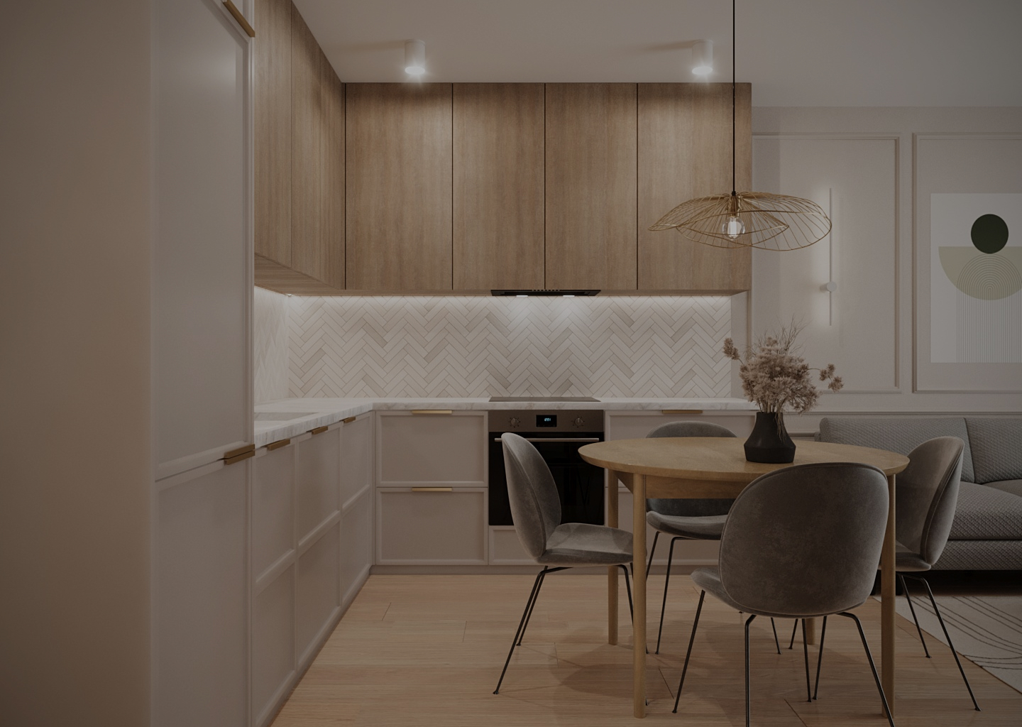 Jasny wystrój salonu połączonego z kuchnią i jadalnią