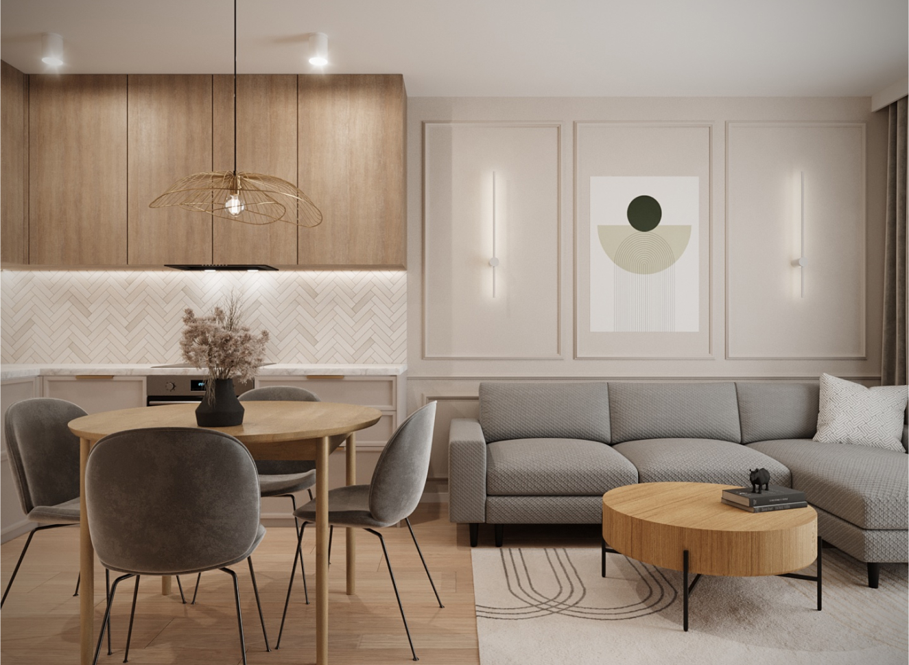 Jasny wystrój salonu połączonego z kuchnią