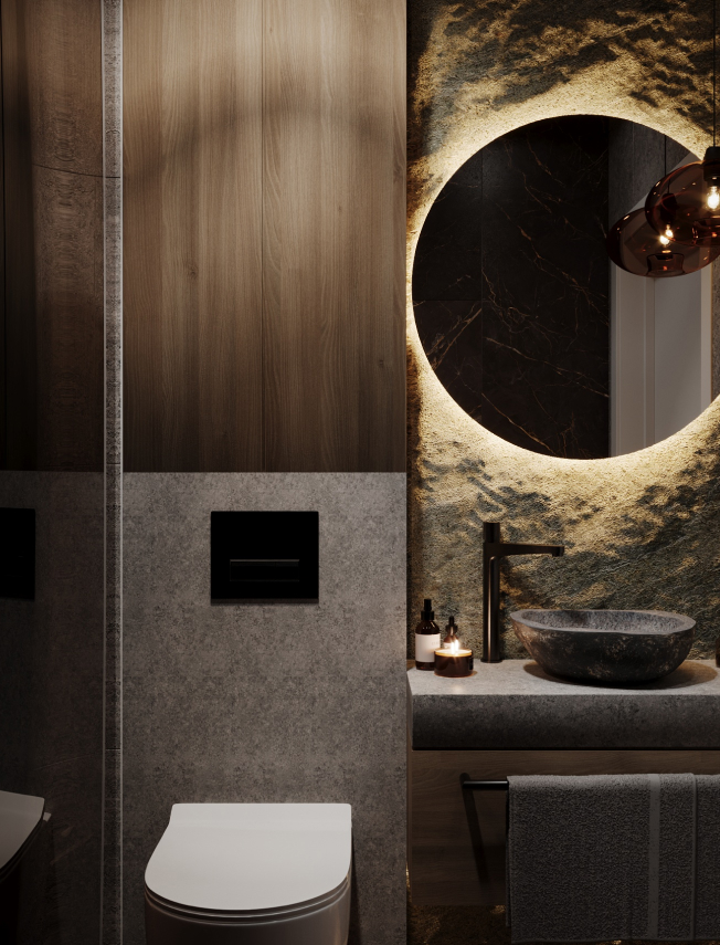 Ciemny wystrój łazienki z ledami