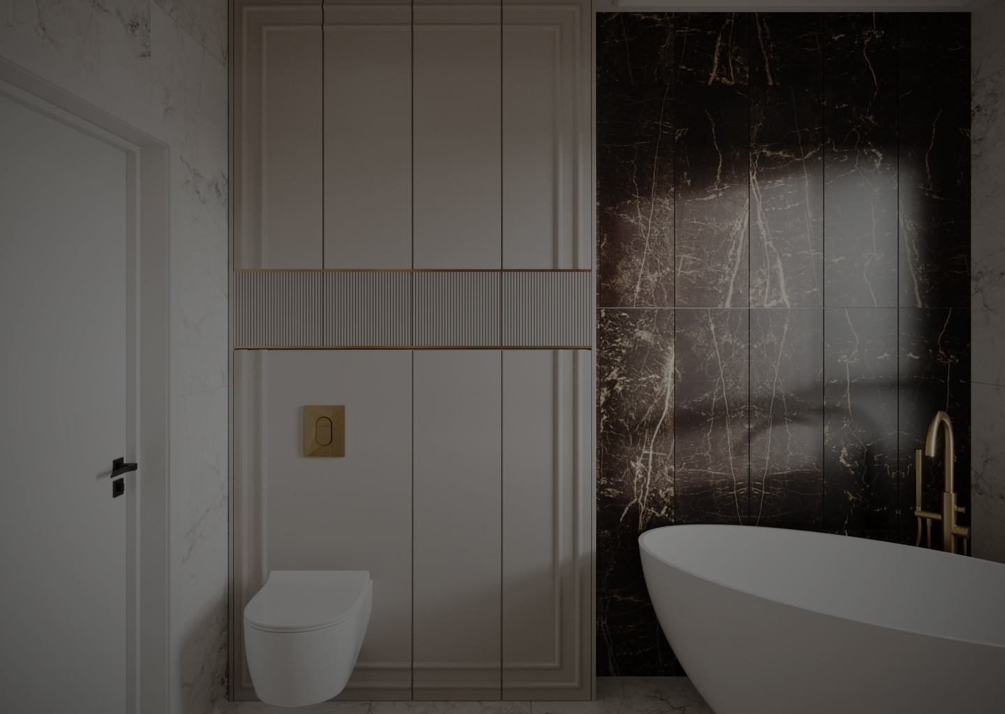 Jasna łazienka z ciemnym kamieniem na ścianie