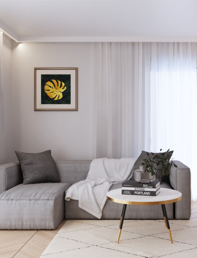 Salon z szarą sofą