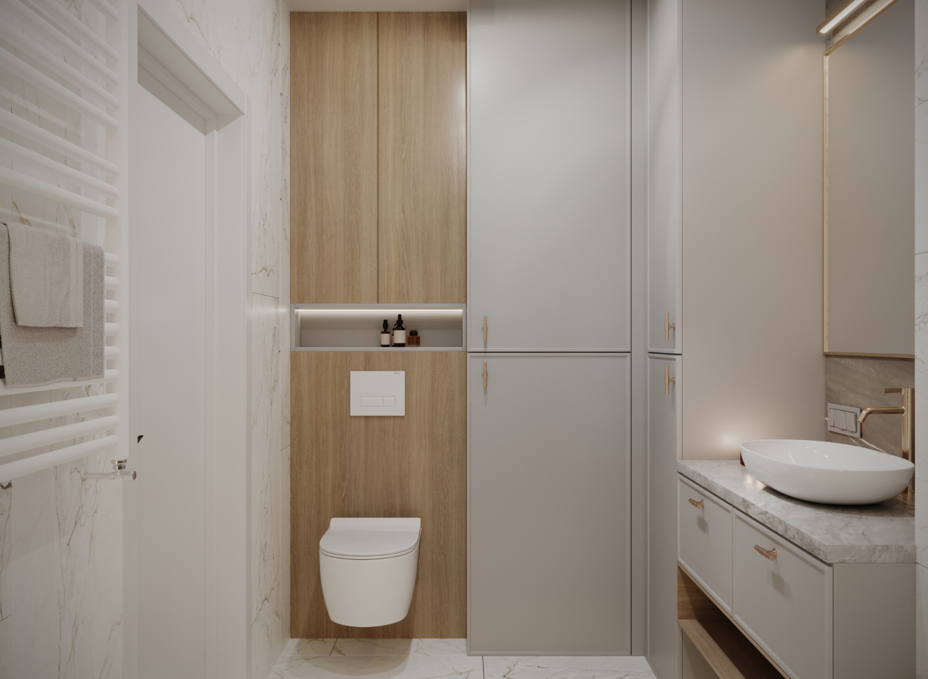 Biała toaleta na ścianie z drewna w jasnej łazience