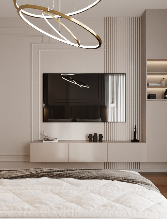 Telewizor w jasnej sypialni