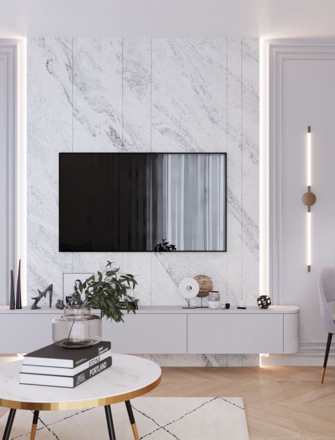 Jasny elegancki salon z telewizorem